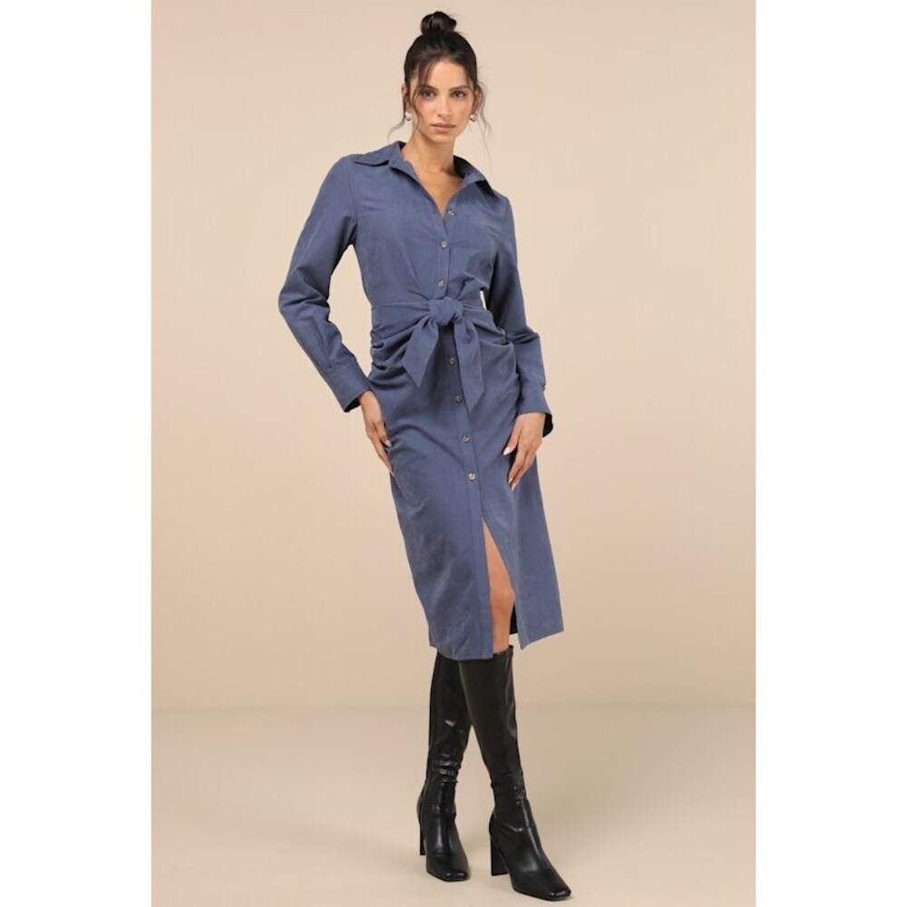 Lulus Blue Suede Button-up Tie-front Midi Dress - Size M, NWT